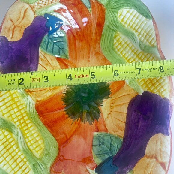 Fall-Themed Ceramic Serving Bowl Hand-Painted Pumpkin Corn & Eggplant Cornucopia - Picture 4 of 9
